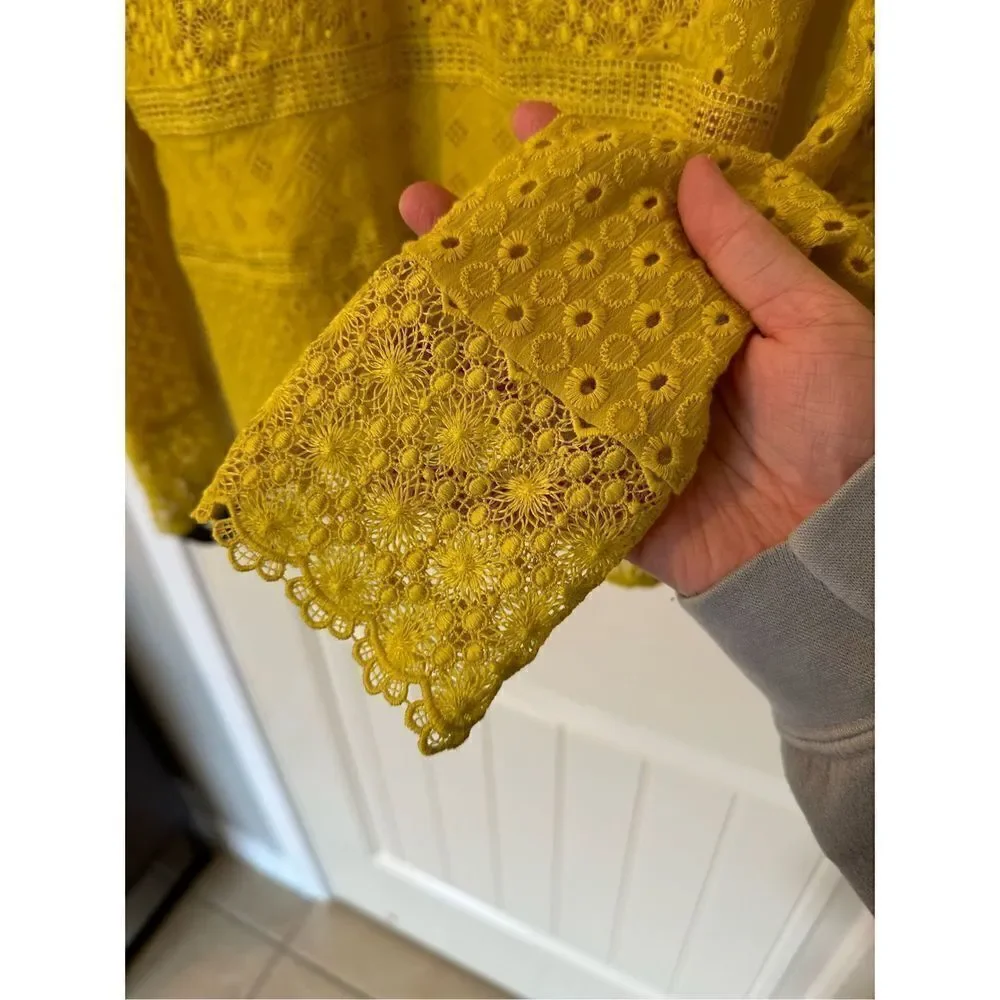 James Coviello Anthropologie Crochet Lace Yellow Long Sleeve Top Size S